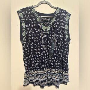 Lucky Brand Womens Navy Blue Floral Lace Up Sleeveless Boho Tunic 2X